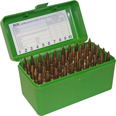 КОРОБКА MTM RM-50-10 ДЛЯ 50 НАРЕЗНЫХ ПАТРОНОВ 22-250/243/308/6,5CREEDMOOR/7,62X39 ОТКИДНАЯ РУЧКА